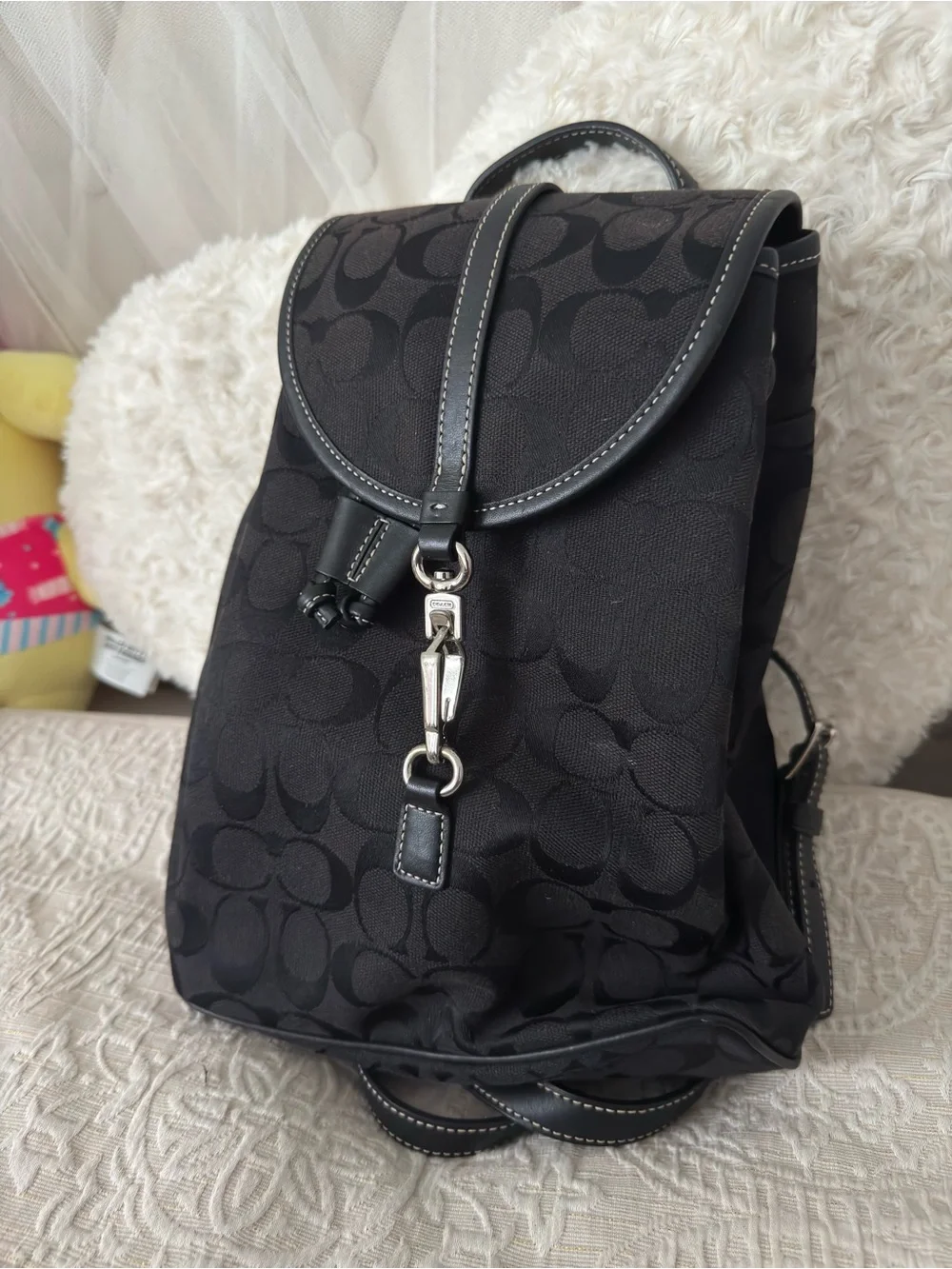 Coach Black Signature Monogram Backpack with Silver Hardware